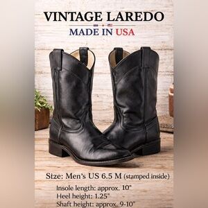 Laredo Vintage Black Leather Roper Cowboy Boots Made in USA Men’s 6.5